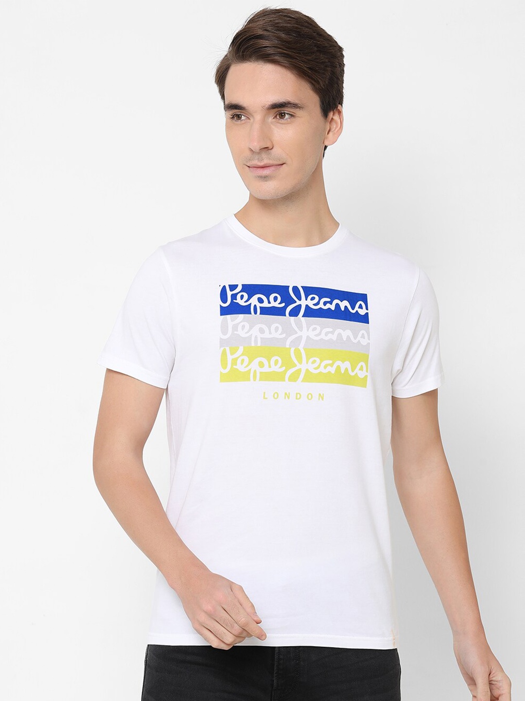 

Pepe Jeans Men White & Blue Brand Logo Printed Slim Fit Pure Cotton T-shirt