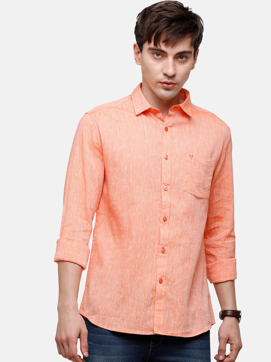 

Classic Polo Men Orange Slim Fit Cotton Linen Casual Shirt