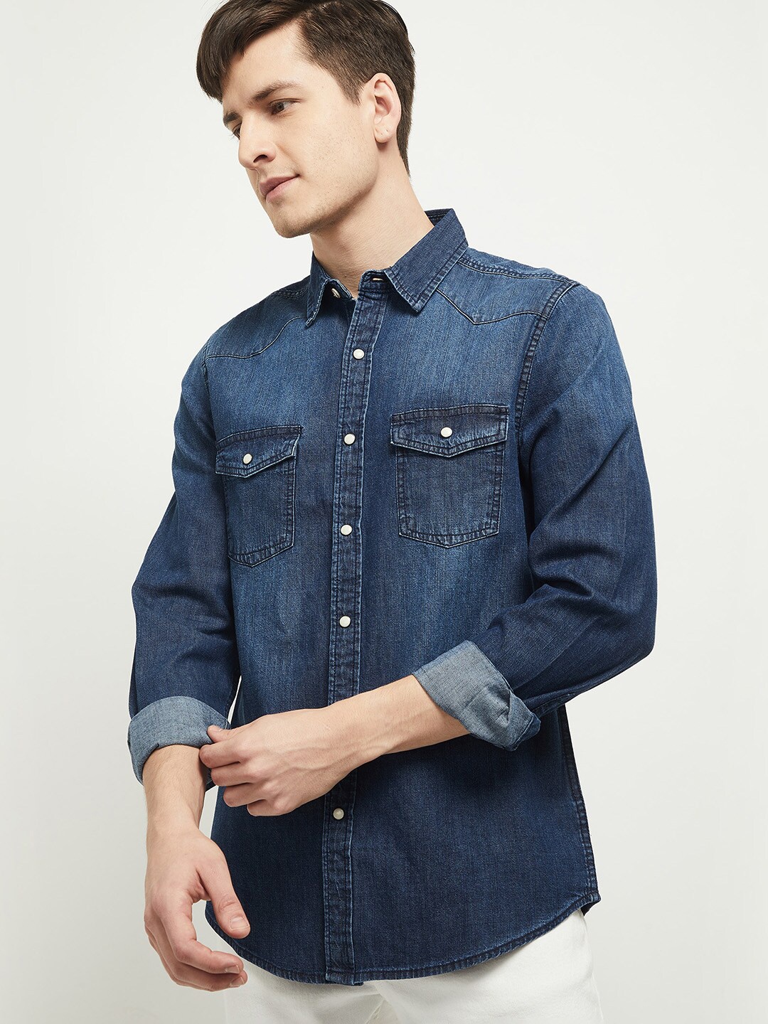 

max Men Blue Faded Casual Shirt