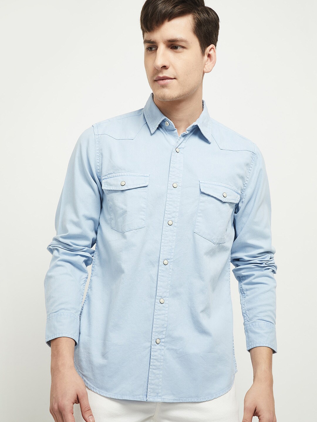 

max Men Blue Regular Fit Solid Opaque Casual Shirt with Chest Pockets