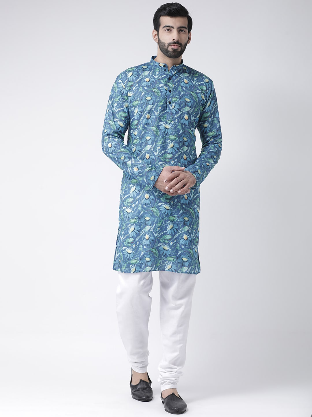 

Hangup Men Blue Floral Printed Pure Cotton Kurta with Churidar