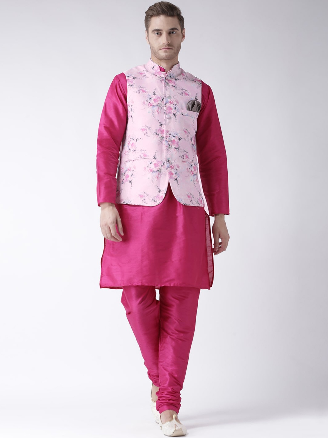 

Hangup Men Pink Layered Kurta with Pyjamas & Nehru Jacket