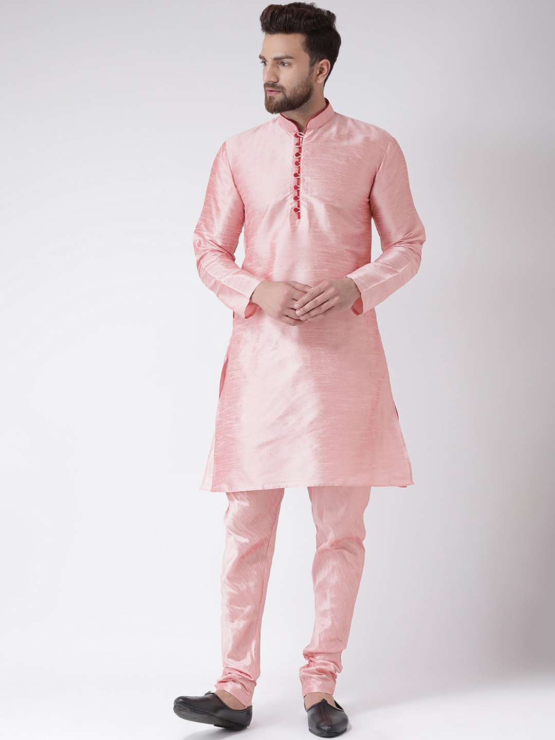 

Hangup Men Pink Solid Dupion Silk Kurta with Churidar