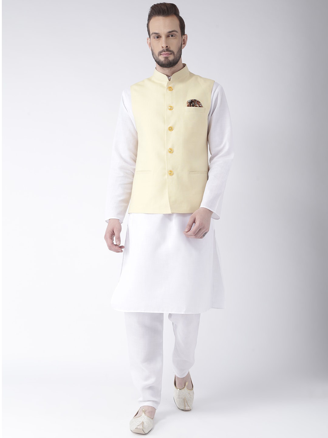 

Hangup Men White & Yellow Layered Pure Cotton Kurta with Pyjamas & Nehru Jacket