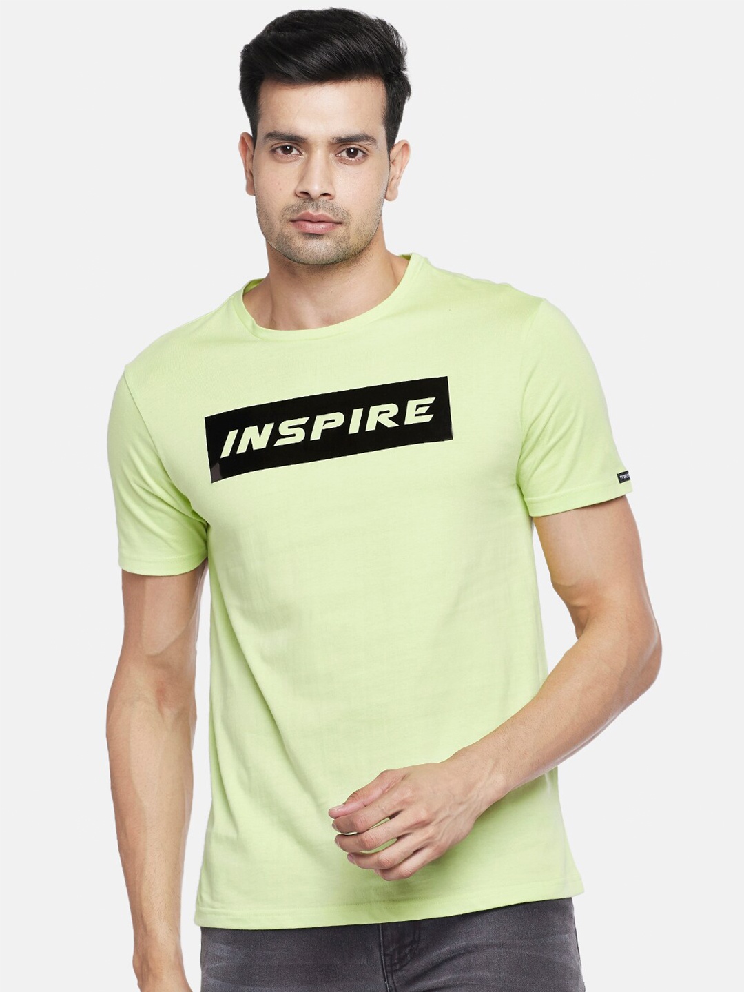 

People Men Fluorescent Green & Black Typography Printed Pure Cotton T-shirt