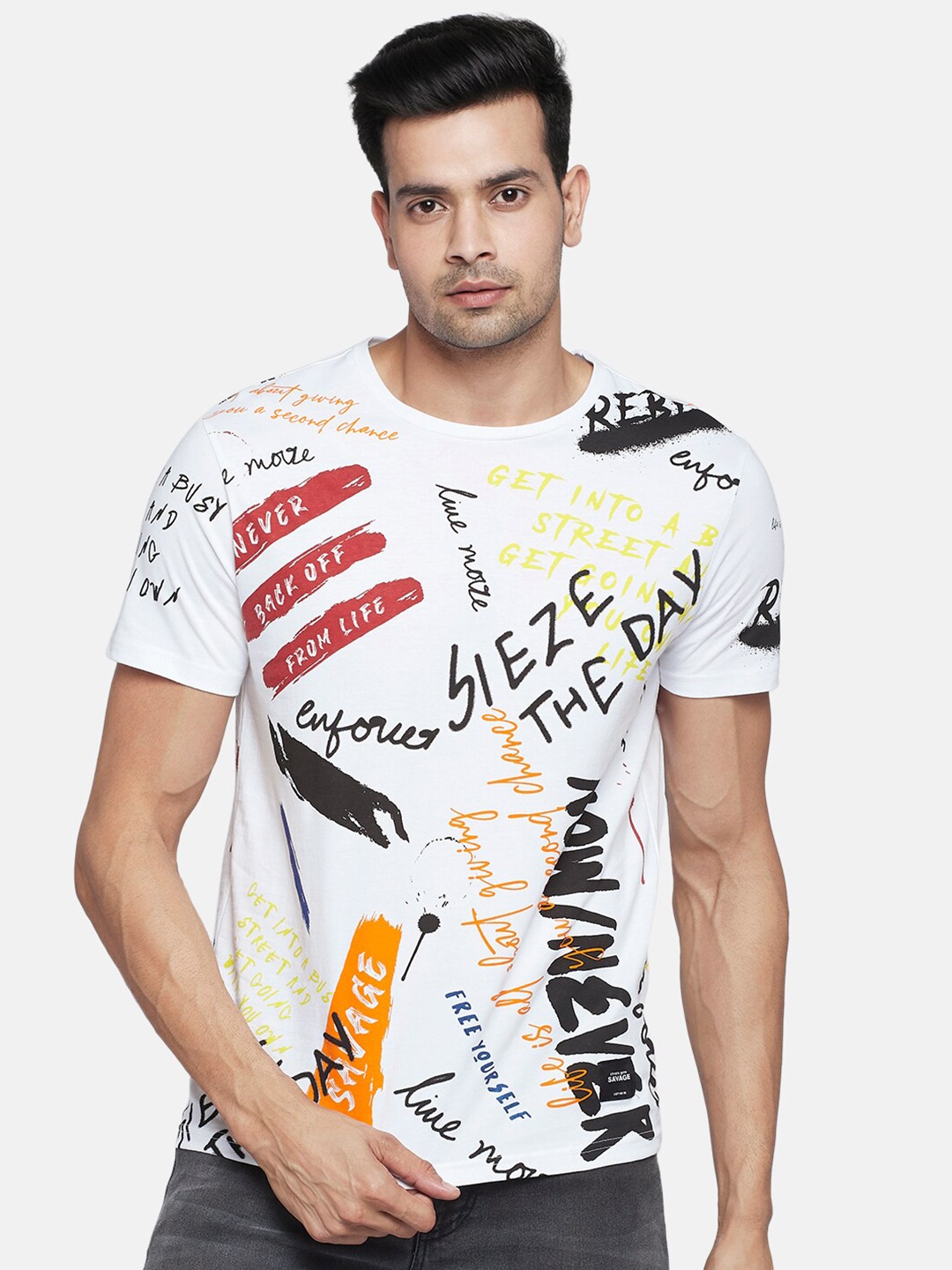 

People Men White & Black Typography Printed Pure Cotton T-shirt