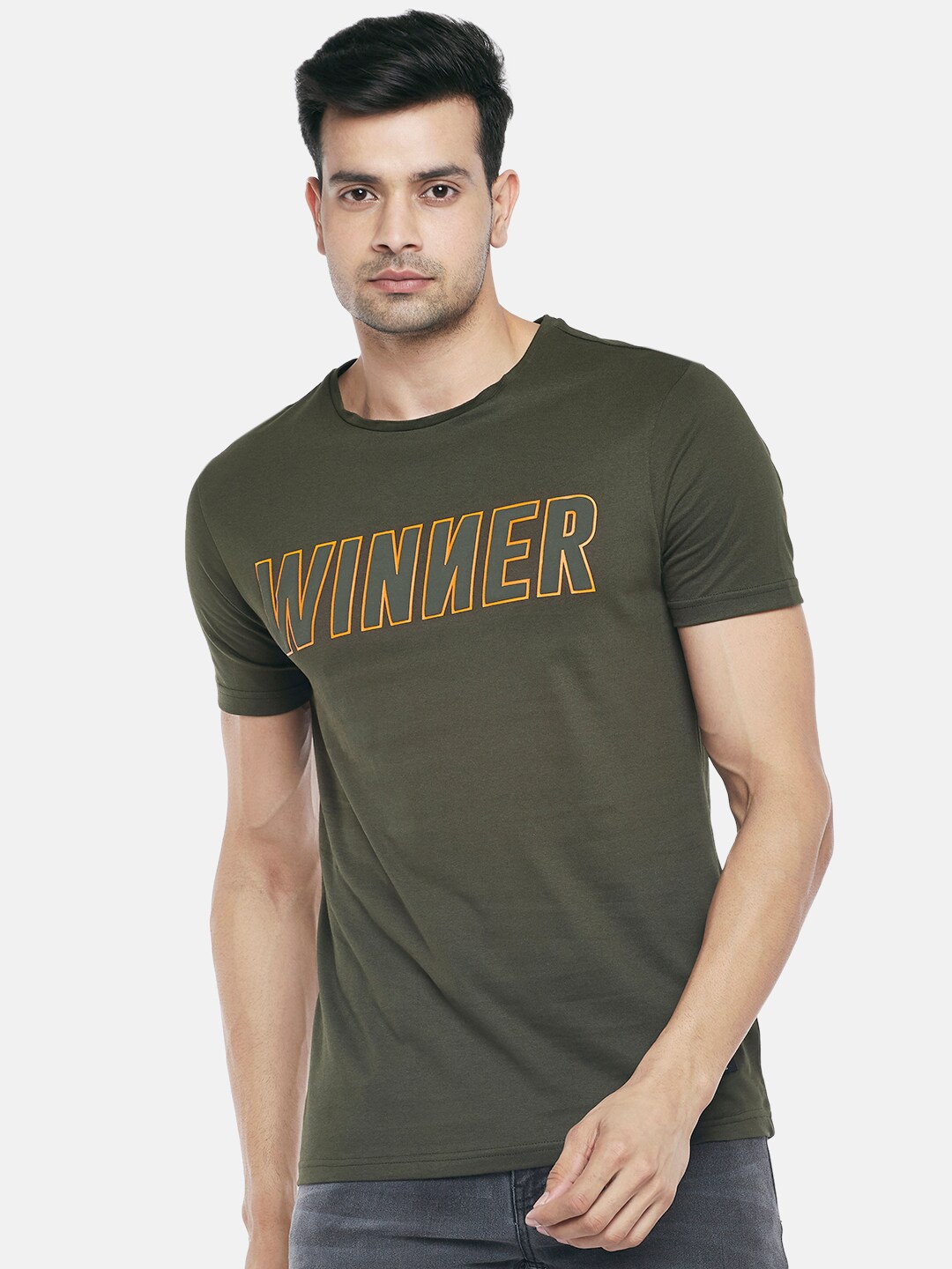 

People Men Olive Green & Mustard Yellow Typography Printed Pure Cotton T-shirt
