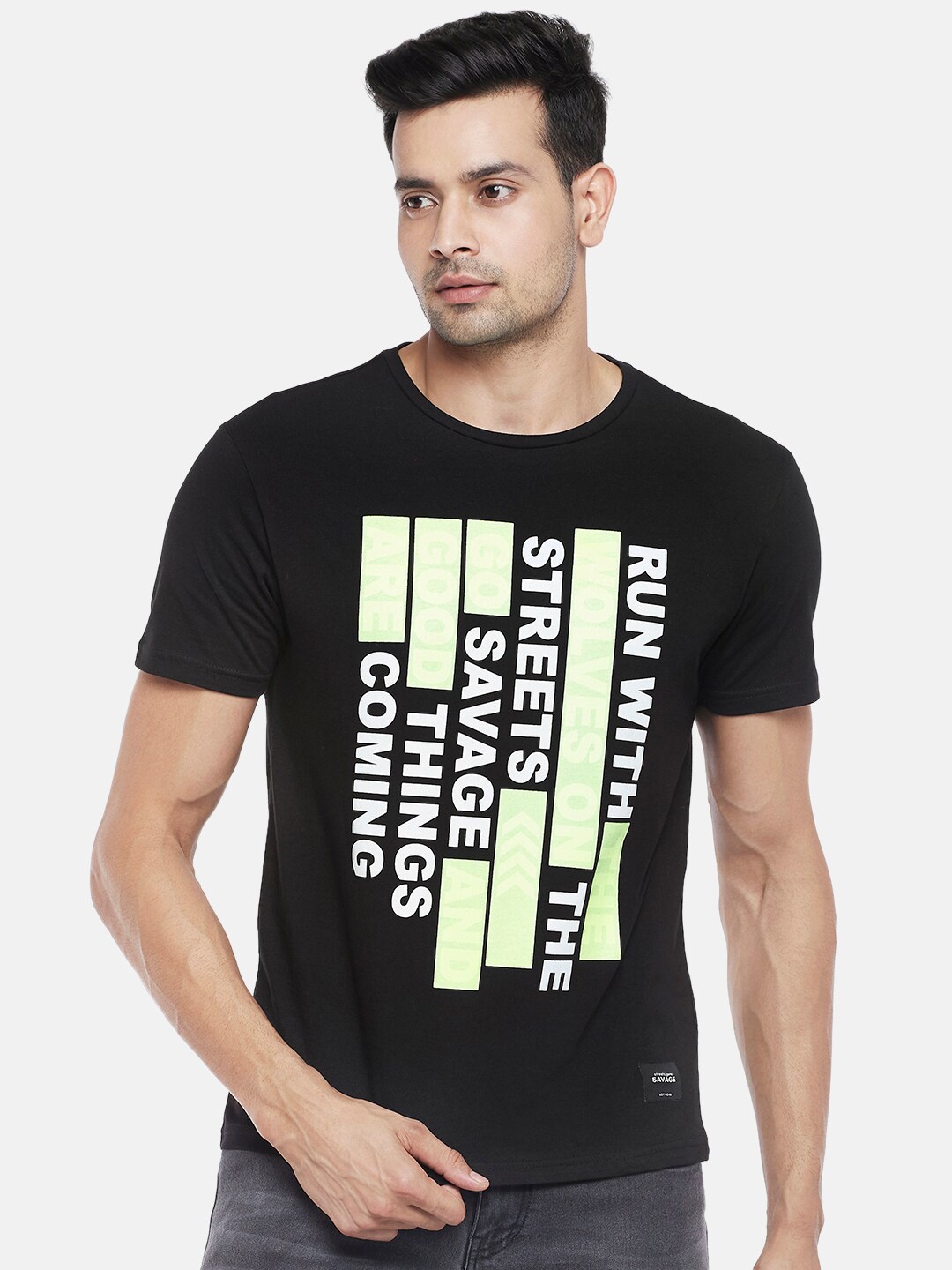 

People Men Black & Green Typography Printed Pure Cotton T-shirt