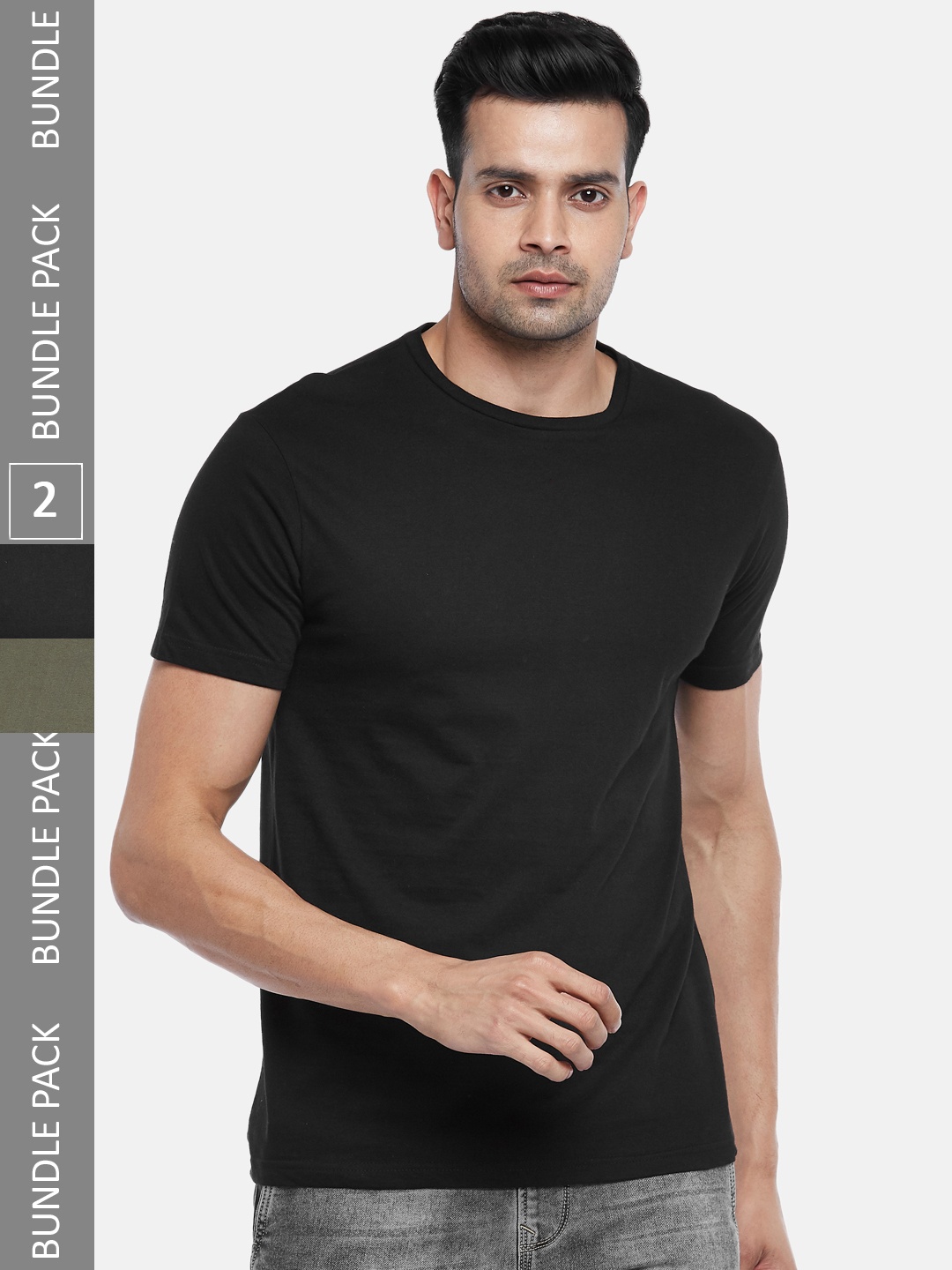 

People Men Olive Green & Black 2 T-shirt