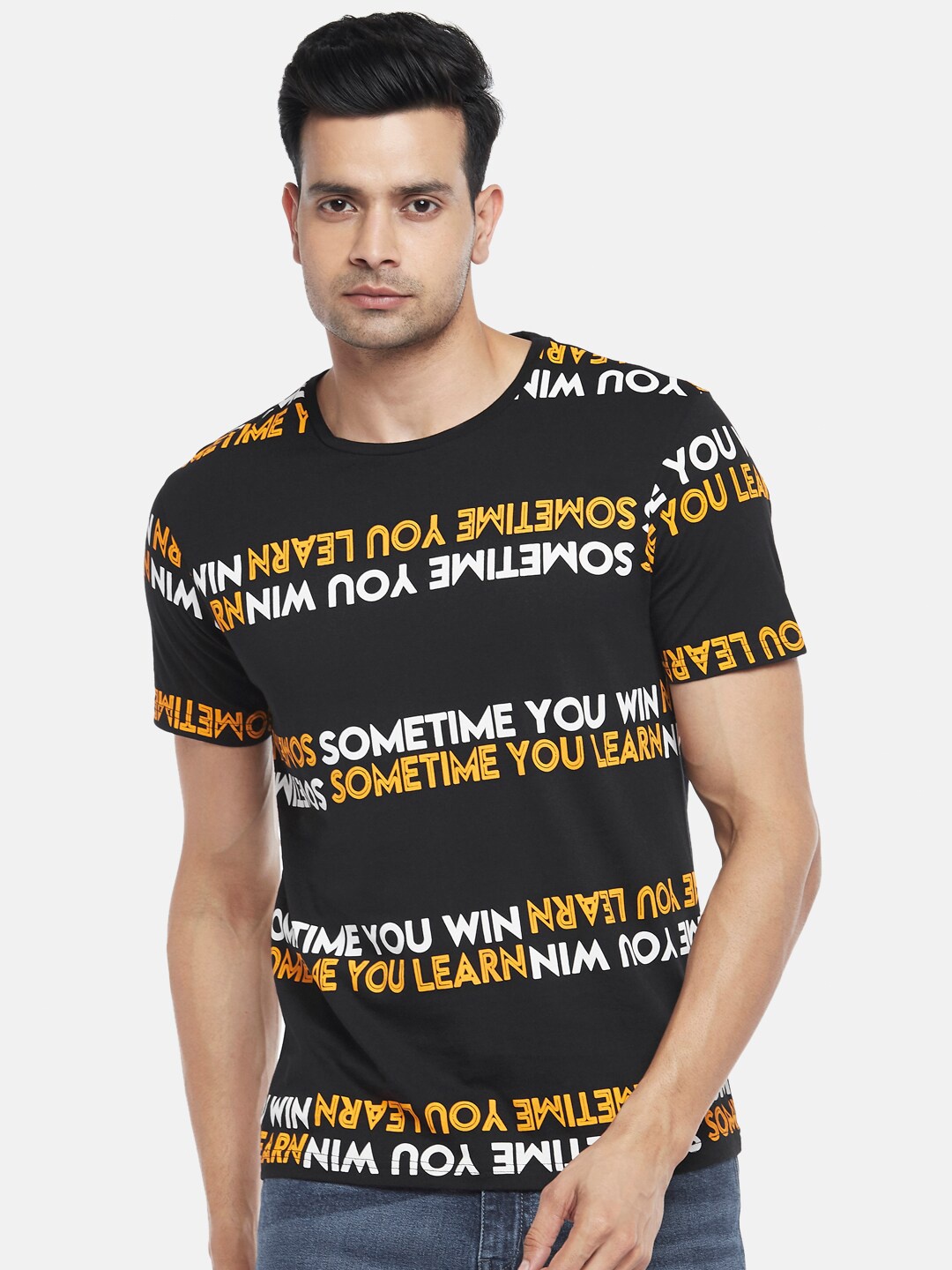 

People Men Black & Yellow Typography Printed Pure Cotton T-shirt