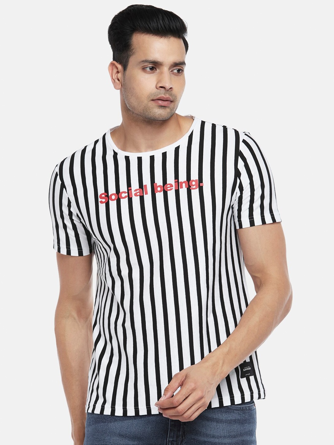 

People Men White & Black Striped Pure Cotton T-shirt