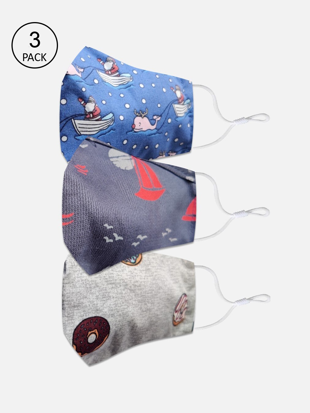 

EL REGALO Kids Pack of 3 Printed 3-Ply Cotton Reusable Outdoor Cloth Masks, Blue