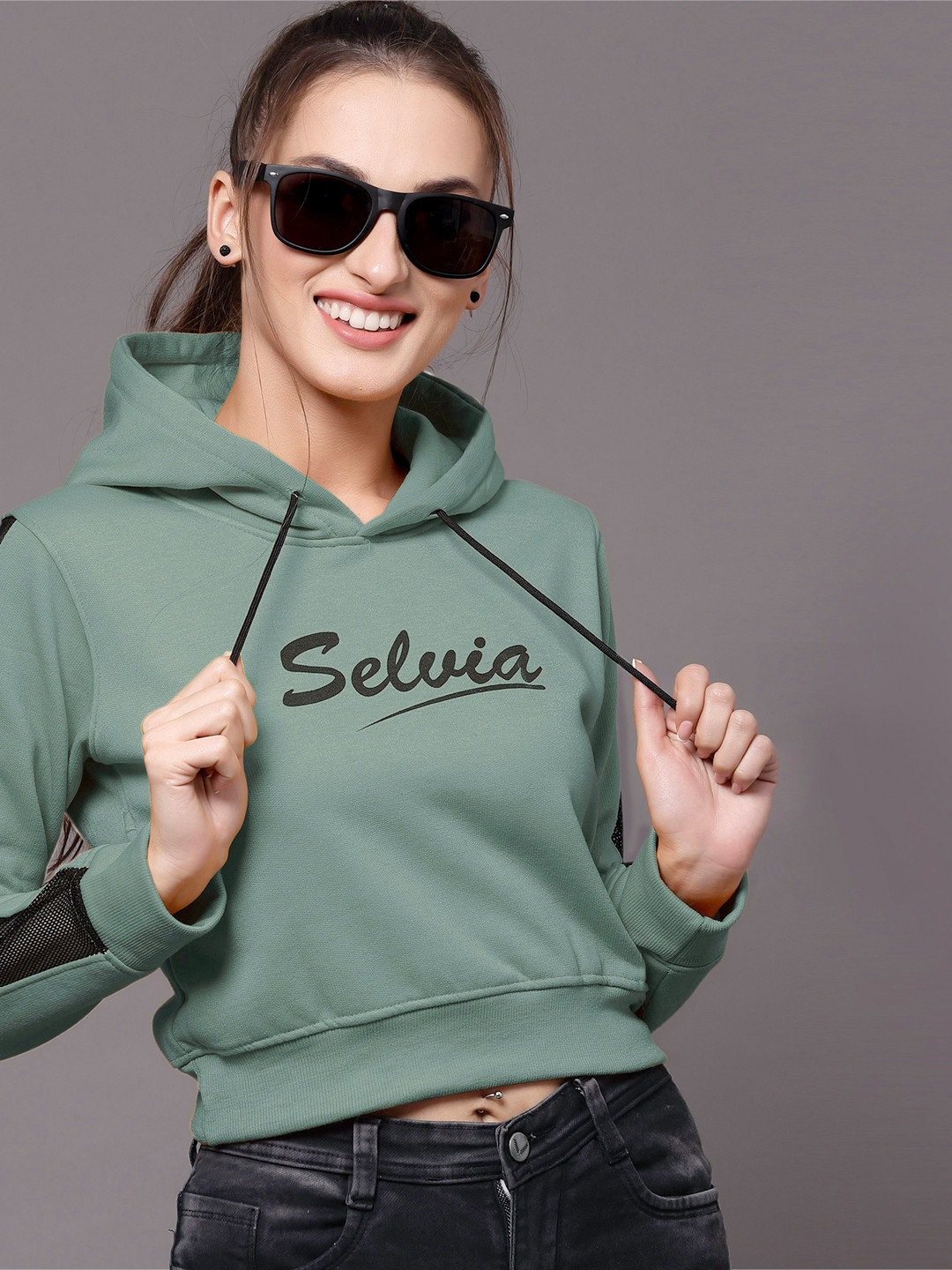 

Selvia Women Green Printed Hooded Sweatshirt