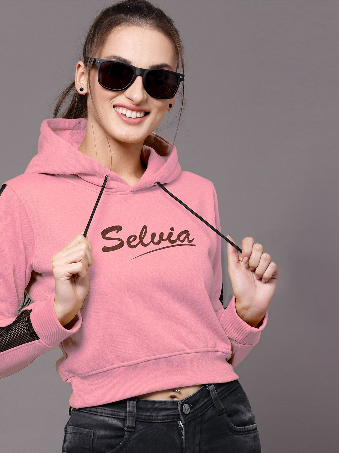 

Selvia Women Pink & Black Brand Logo Printed Hooded Sweatshirt