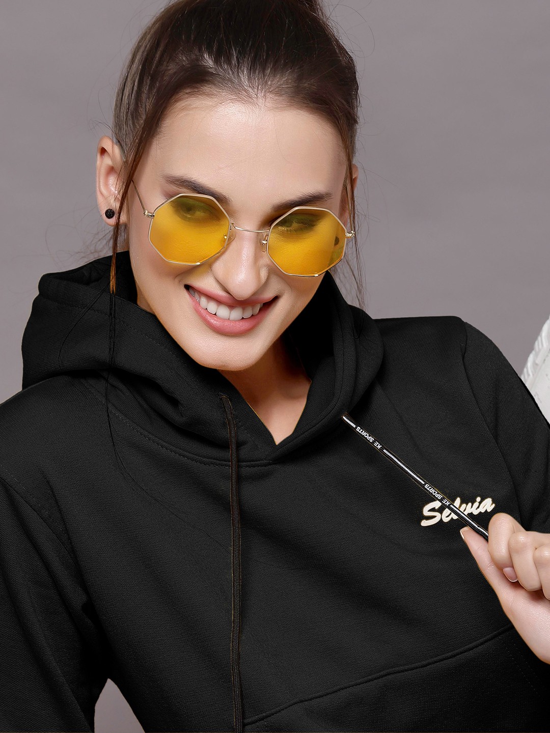 

Selvia Women Black & White Brand Logo Printed Hooded Sweatshirt