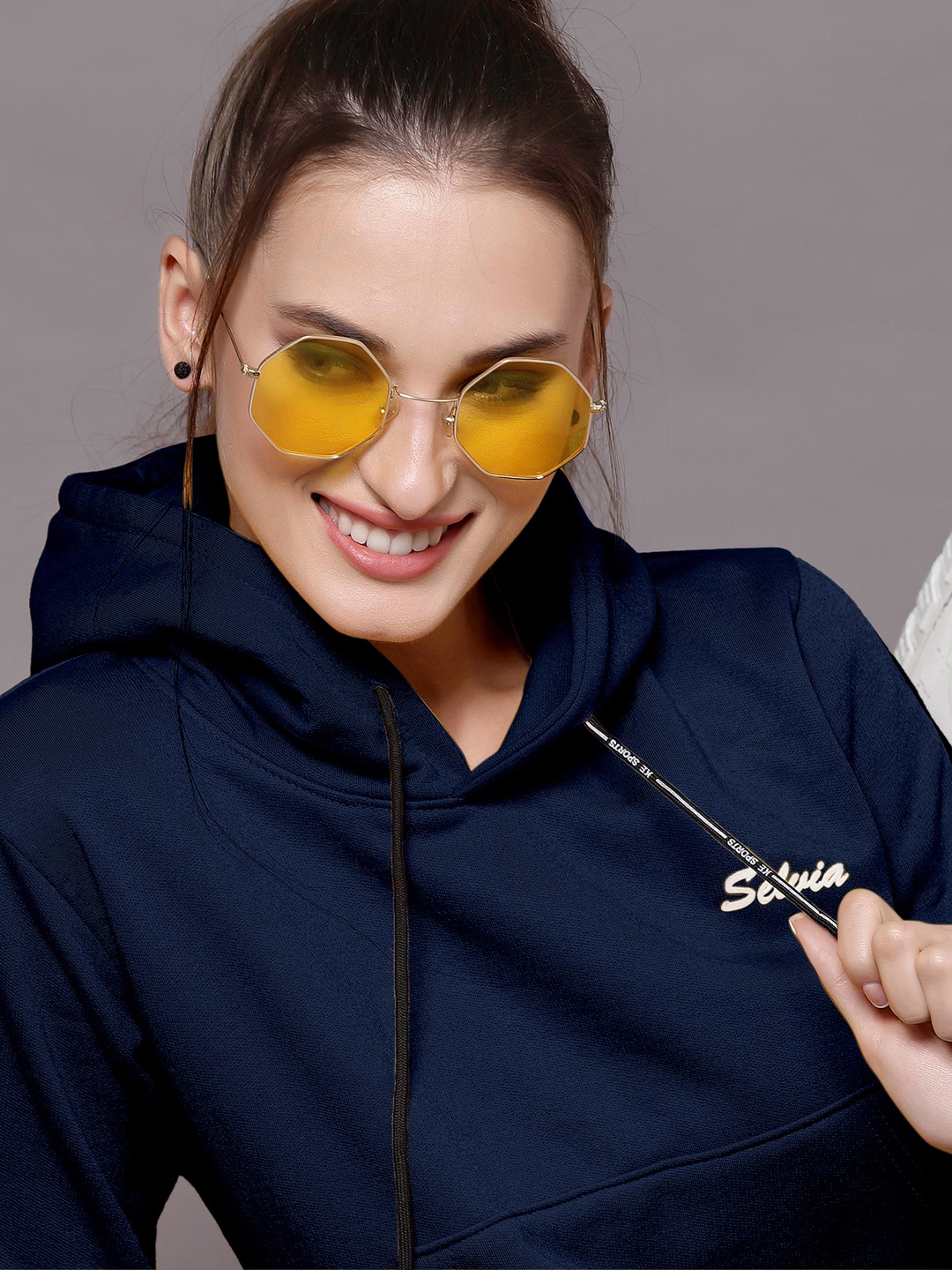 

Selvia Women Navy Blue & White Brand Logo Printed Hooded Sweatshirt
