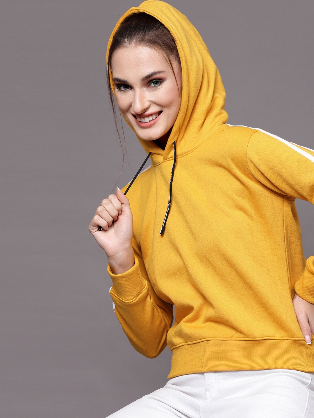 

Selvia Women Mustard Yellow Cotton Fleece Blend Hooded Sweatshirt