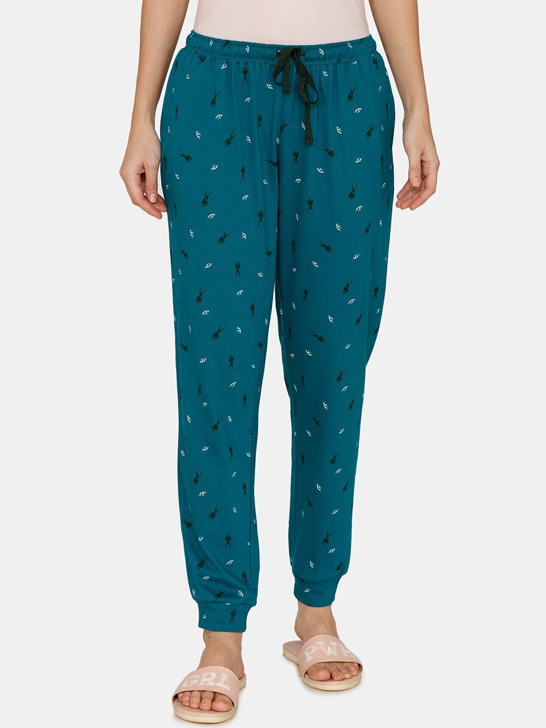 

Zivame Women Teal Green Printed Cotton Lounge Joggers