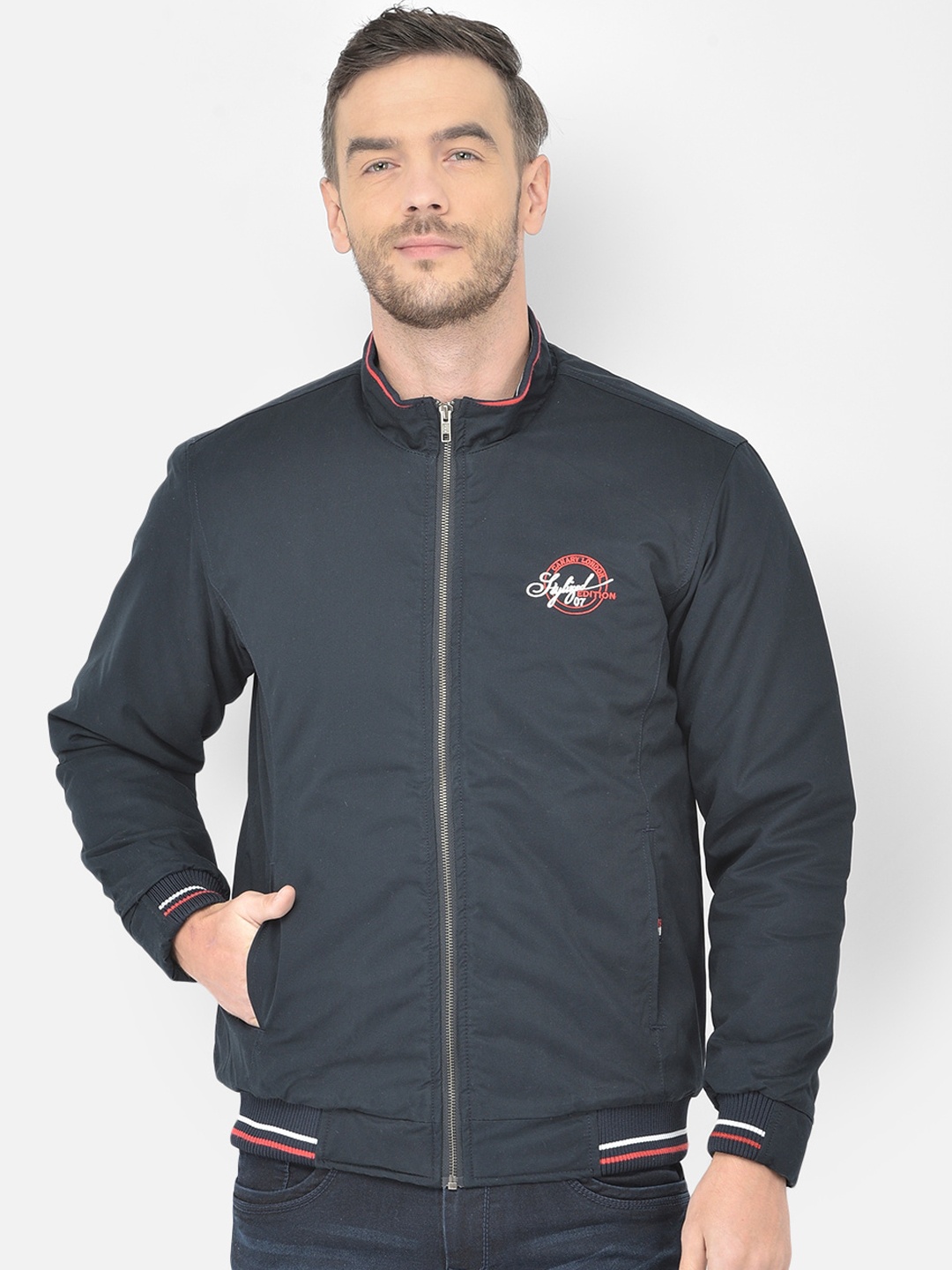 

Canary London Men Navy Blue Solid Bomber Jacket