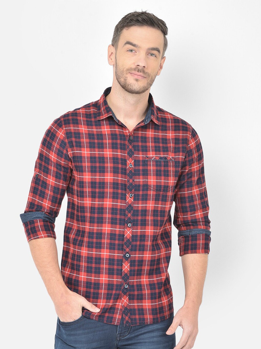 

Canary London Men Red & Navy Blue Smart Slim Fit Tartan Checks Cotton Casual Shirt