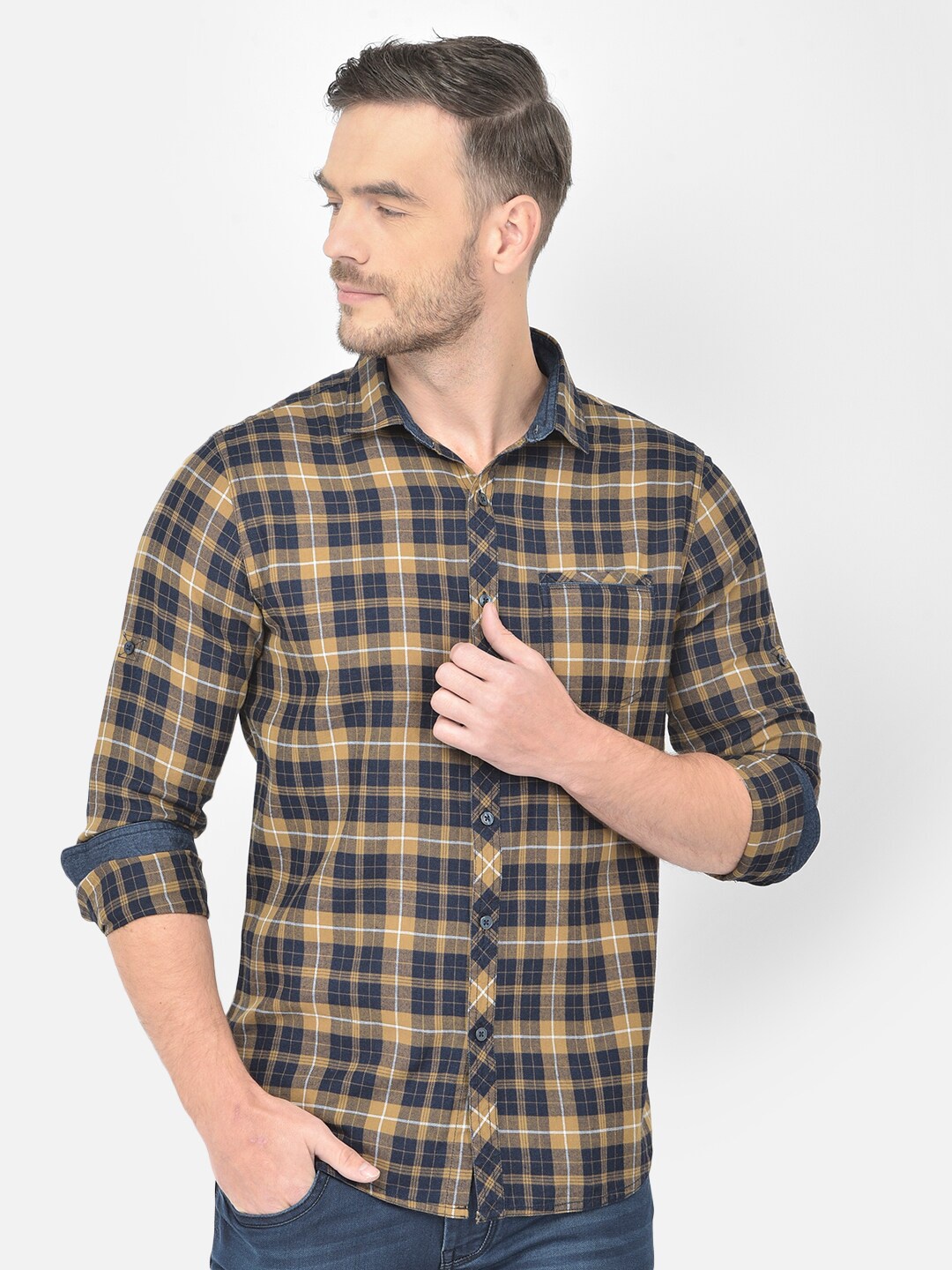 

Canary London Men Khaki & Navy Blue Smart Slim Fit Tartan Checked Casual Shirt