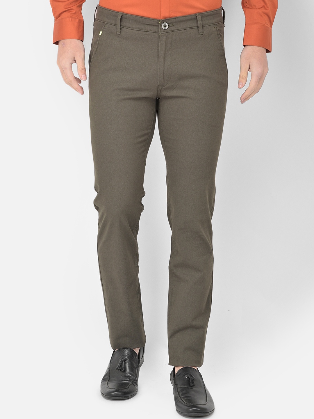 

Canary London Men Olive Green Smart Slim Fit Wrinkle Free Trousers