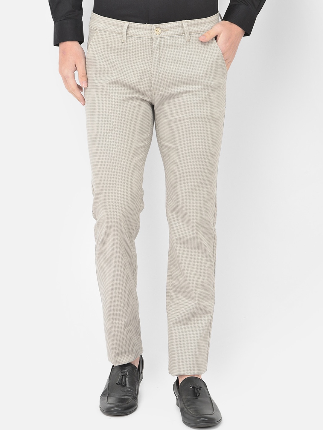 

Canary London Men Beige Checked Smart Slim Fit Wrinkle Free Trousers