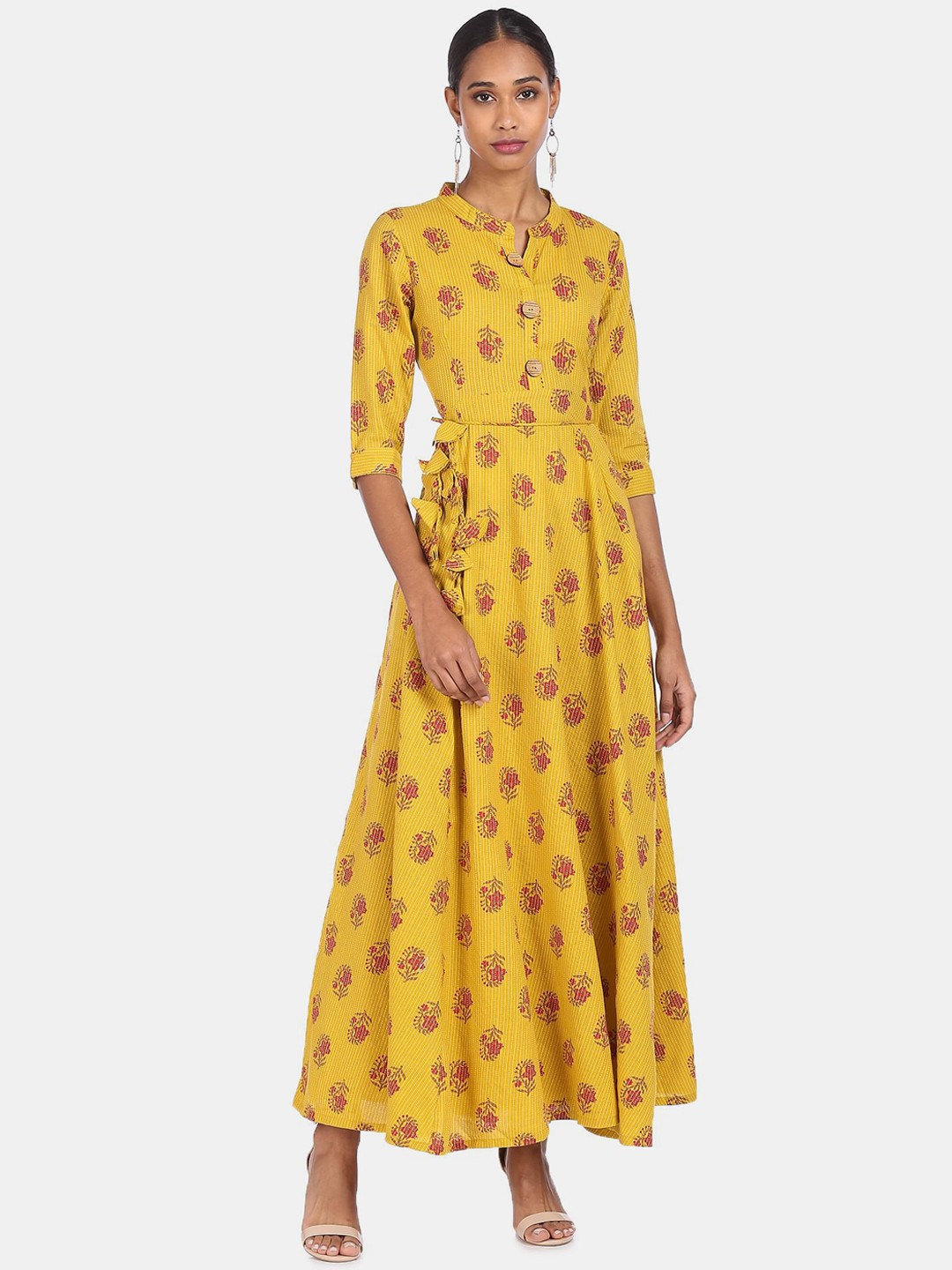 

Anahi Women Mustard Yellow Floral Print Mandarin Collar Thread Work Cotton Anarkali Kurta