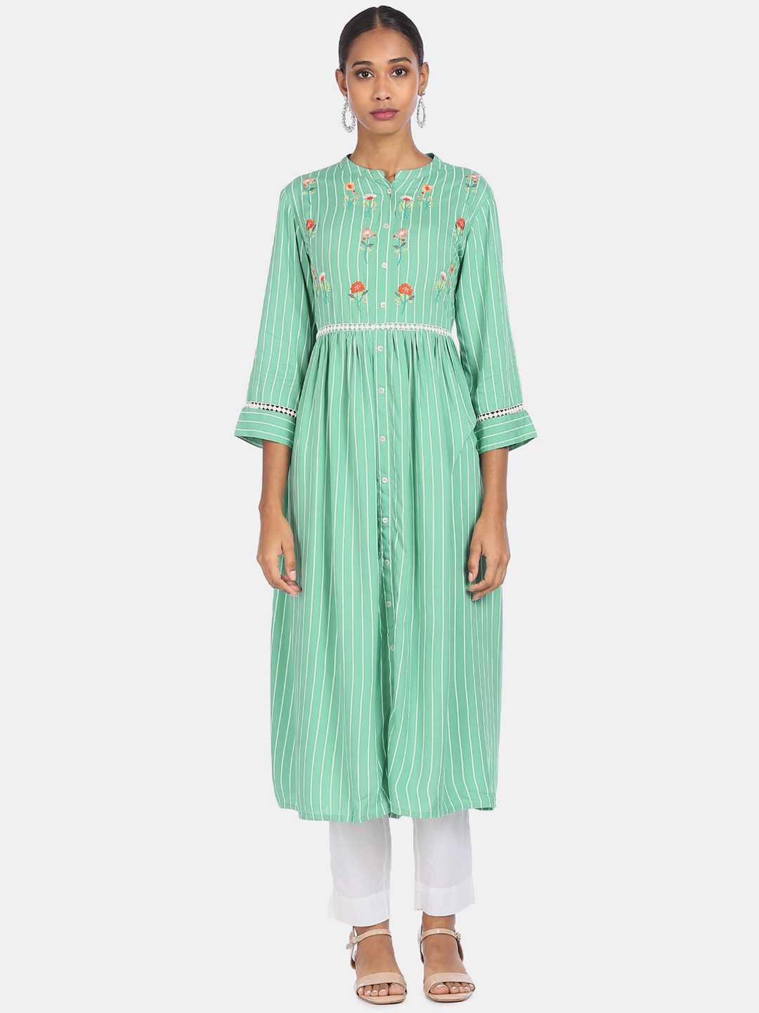 

Anahi Women Green Striped Thread Work Anarkali Kurta