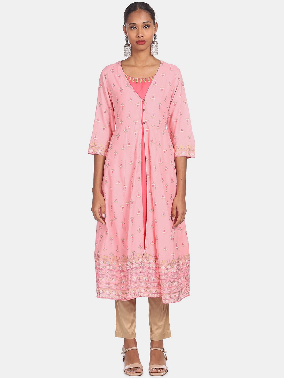 

Anahi Women Pink Ethnic Motifs Foil Printed V-Neck Zari Rayon Anarkali Jacket Kurta