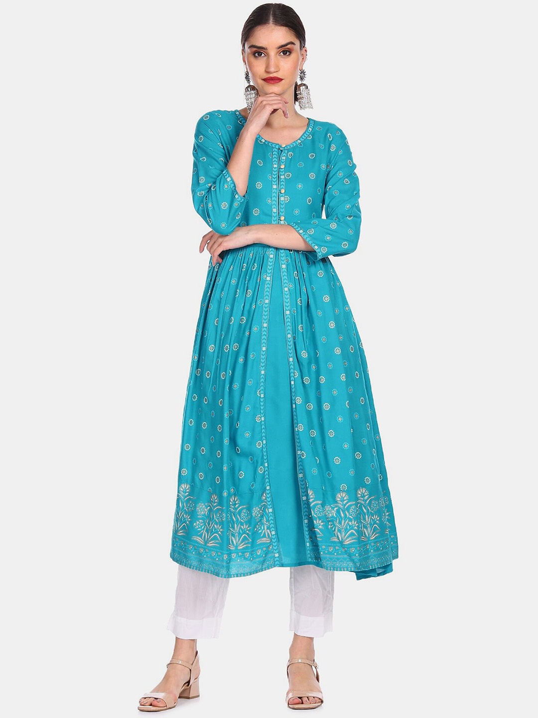 

Anahi Women Blue Ethnic Motifs Printed Flared Sleeves Thread Work Anarkali Kurta