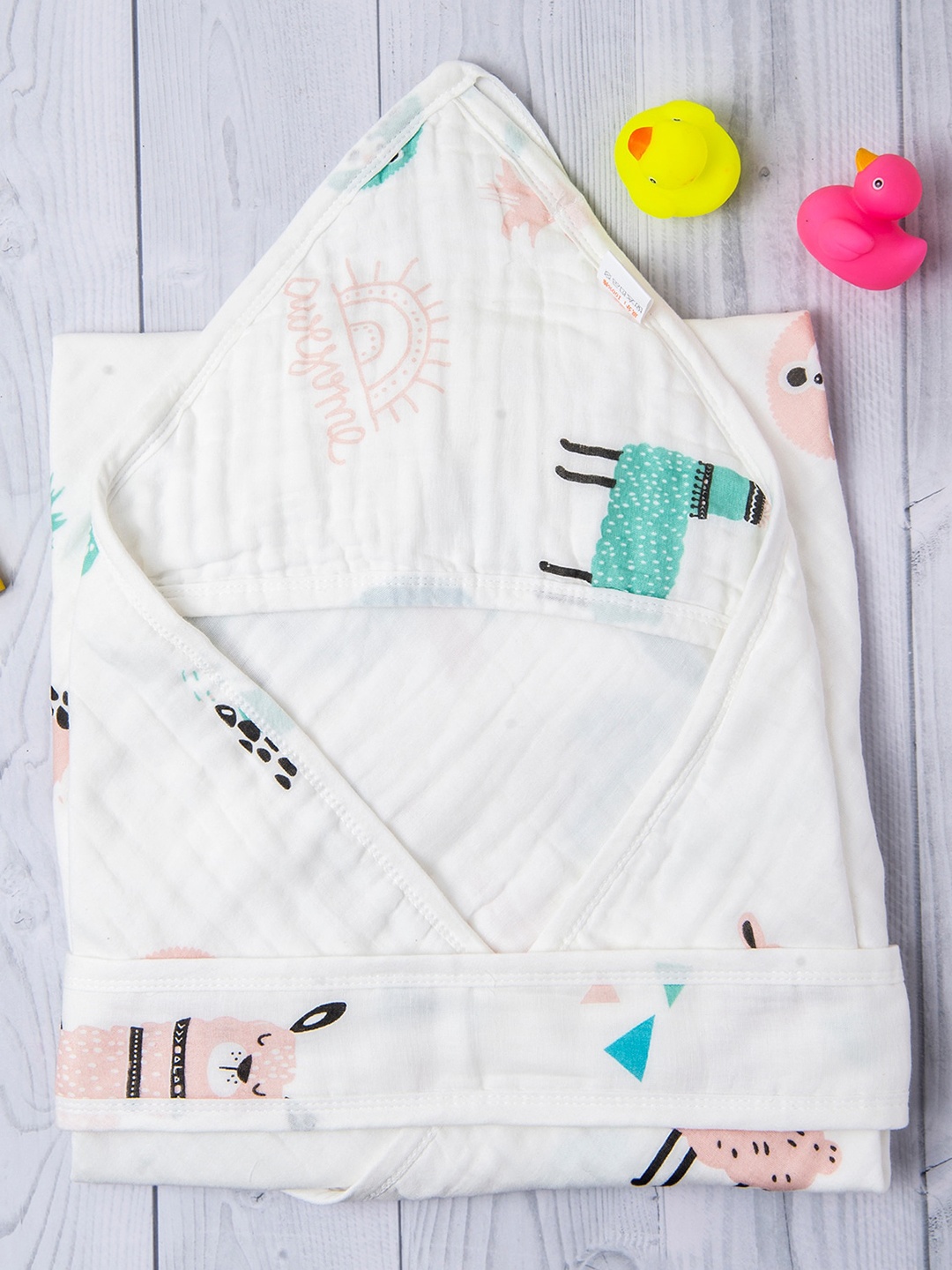 

Baby Moo Kids White Printed Pure Cotton Hooded Wrapper