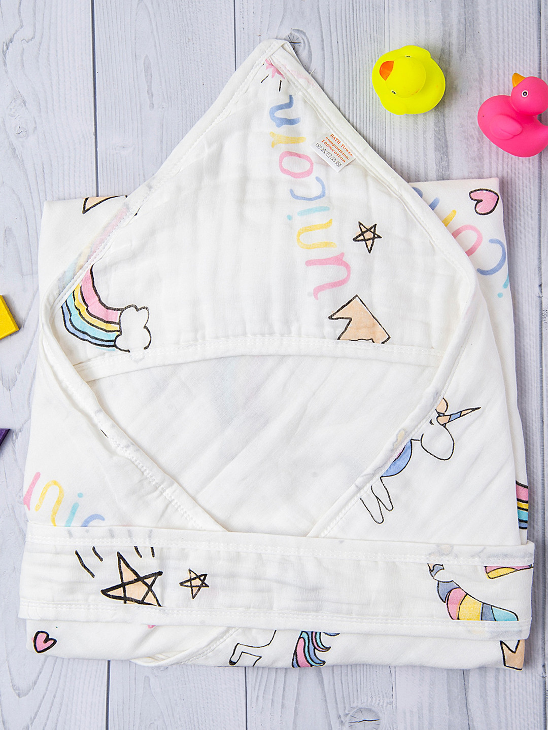 

Baby Moo Kids White & Blue Printed Pure Cotton Hooded Wrapper