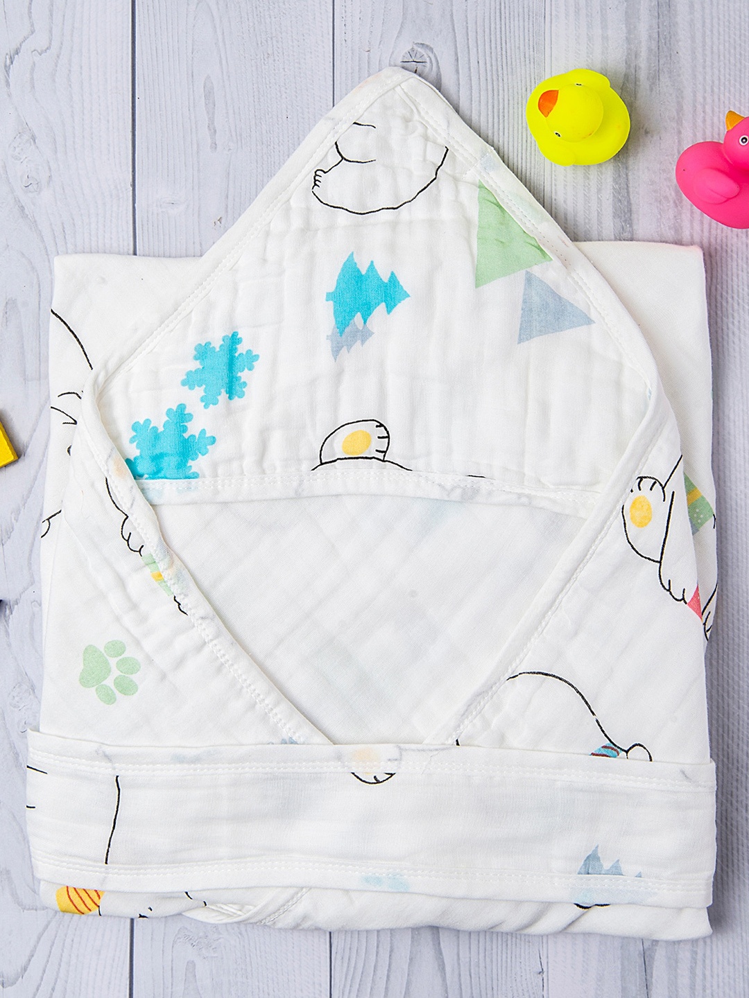 

Baby Moo Kids White Printed Pure Cotton Hooded Wrapper