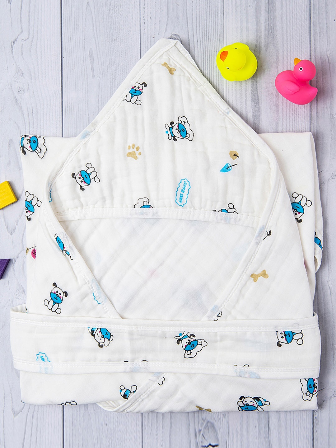 

Baby Moo Infants Kids White & Blue Printed Pure Cotton Hooded Wrapper