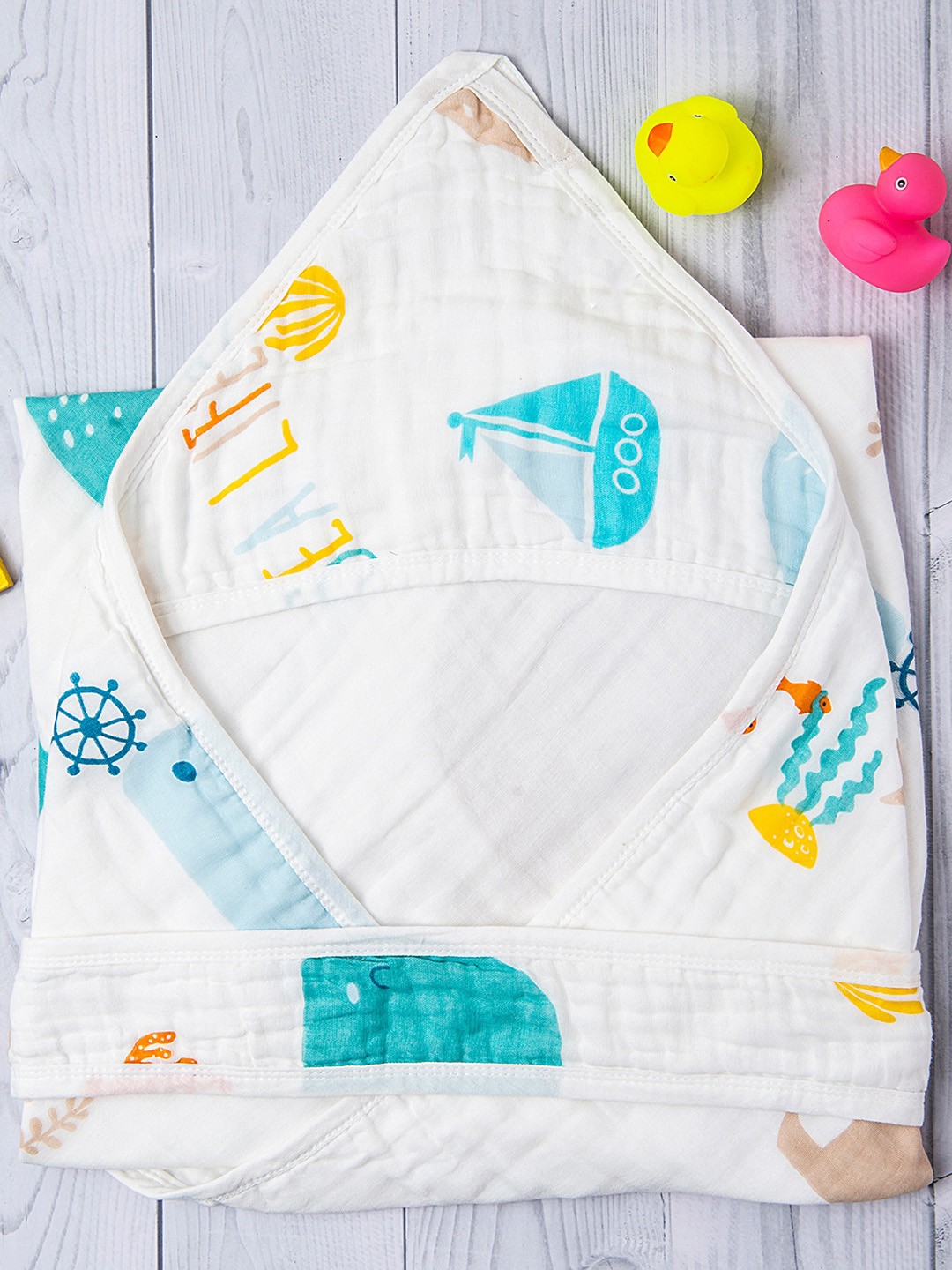 

Baby Moo Kids White & Blue Pure Cotton Hooded Wrapper