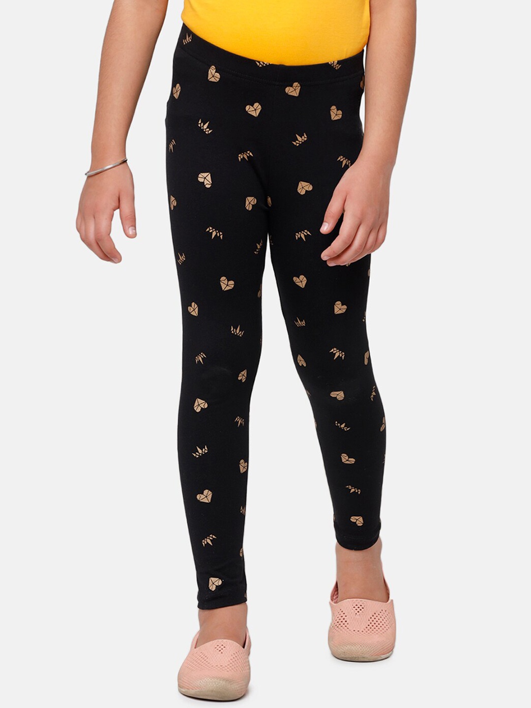 

De Moza Girls Black & Gold-Coloured Printed Ankle-Length Leggings