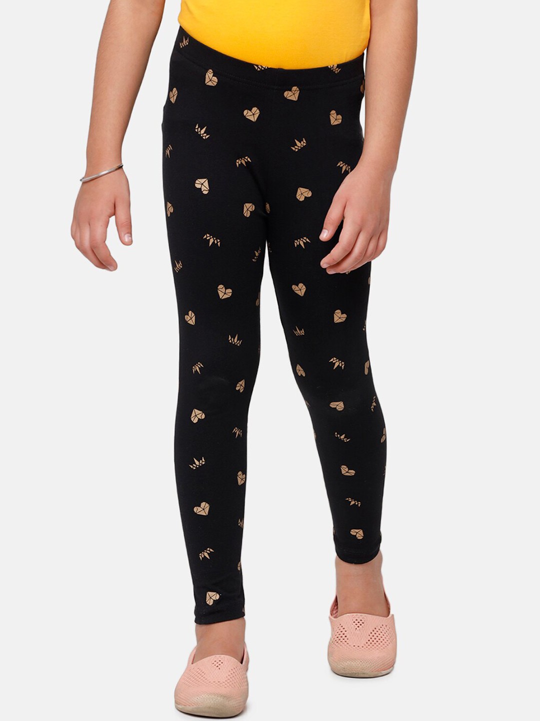 

De Moza Girls Black & Gold-Coloured Printed Ankle-Length Leggings