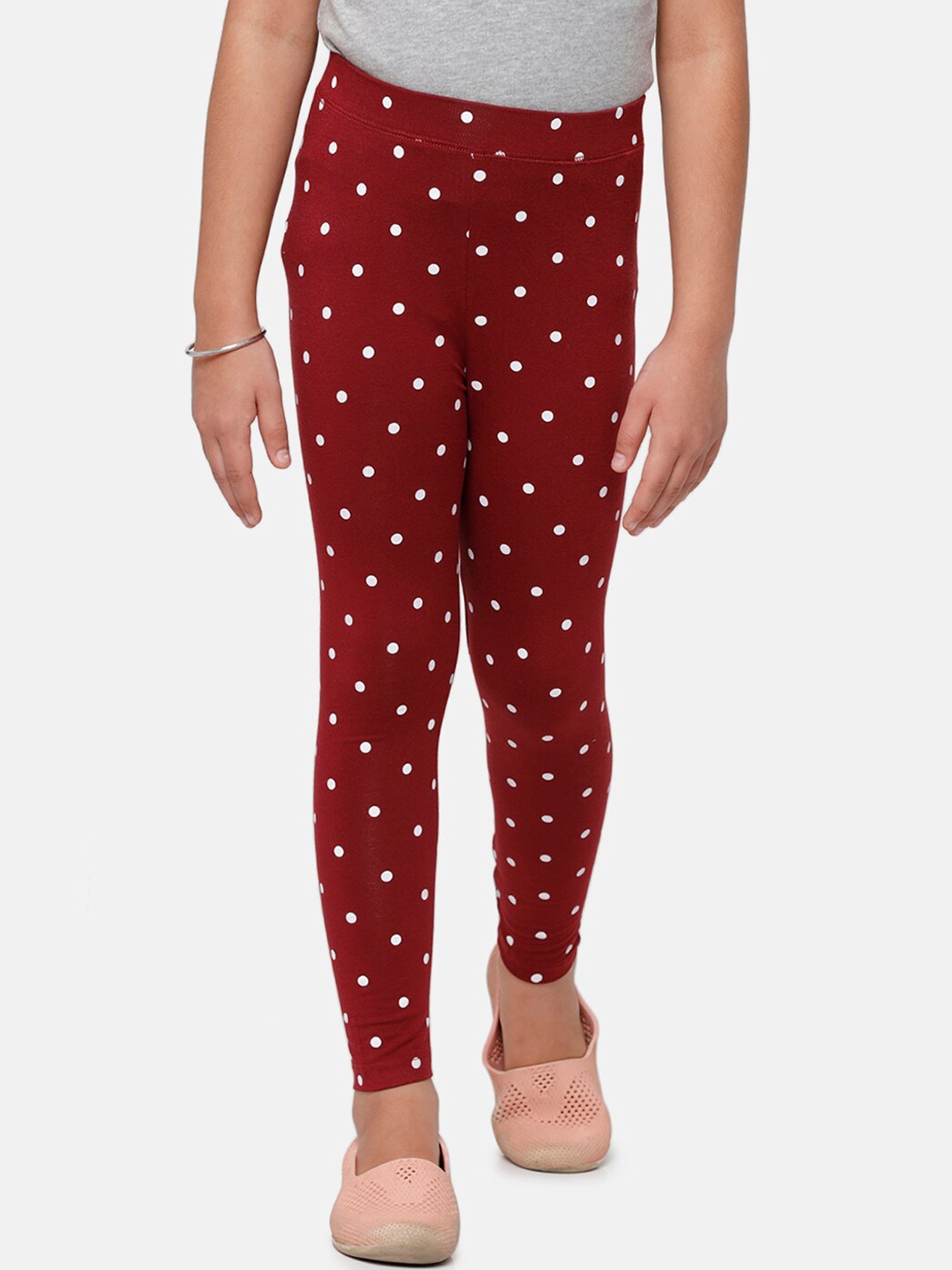 

De Moza Girls Maroon & White Polka Printed Ankle-Length Leggings