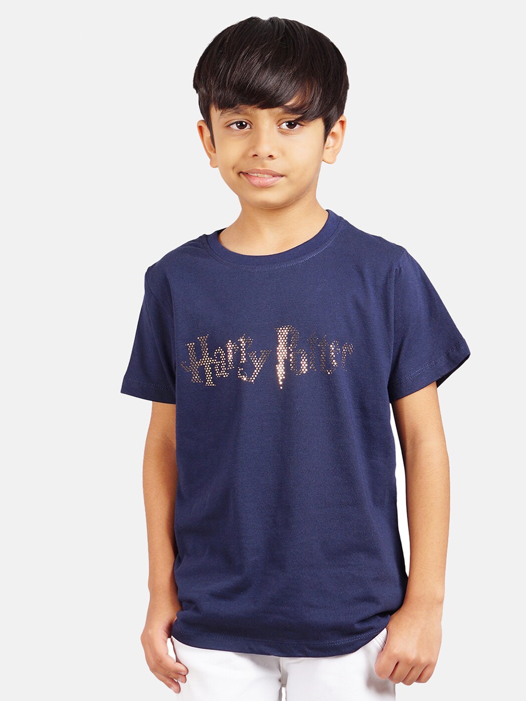 

Harry Potter by Wear Your Mind Boys Navy Blue & Gold-Toned Harry Potter Cotton T-shirt