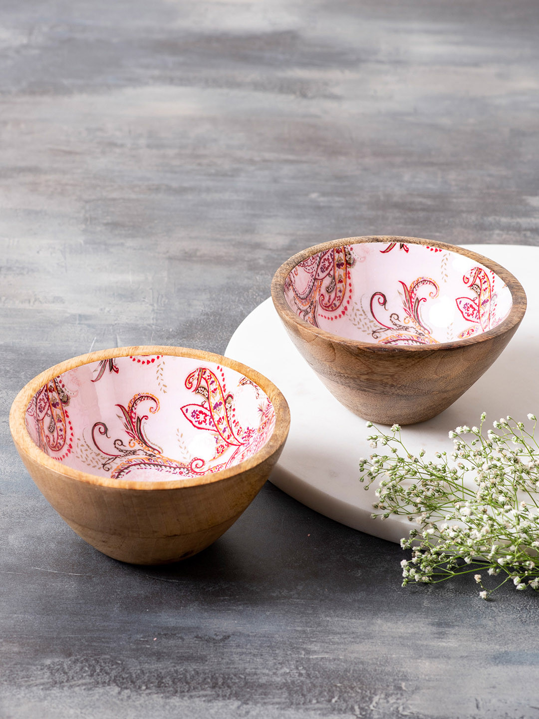

nestroots Pink Set Of 2 Printed Enameled Wooden Decorative Bowls