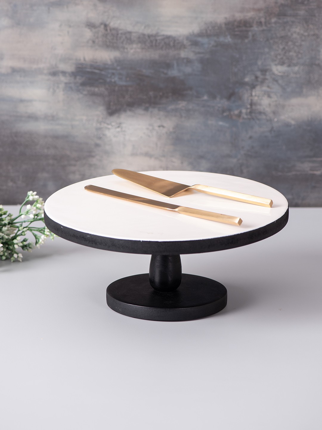 

nestroots Black & White Solid Mango Wooden Enamelled Cake Stand and Server Set