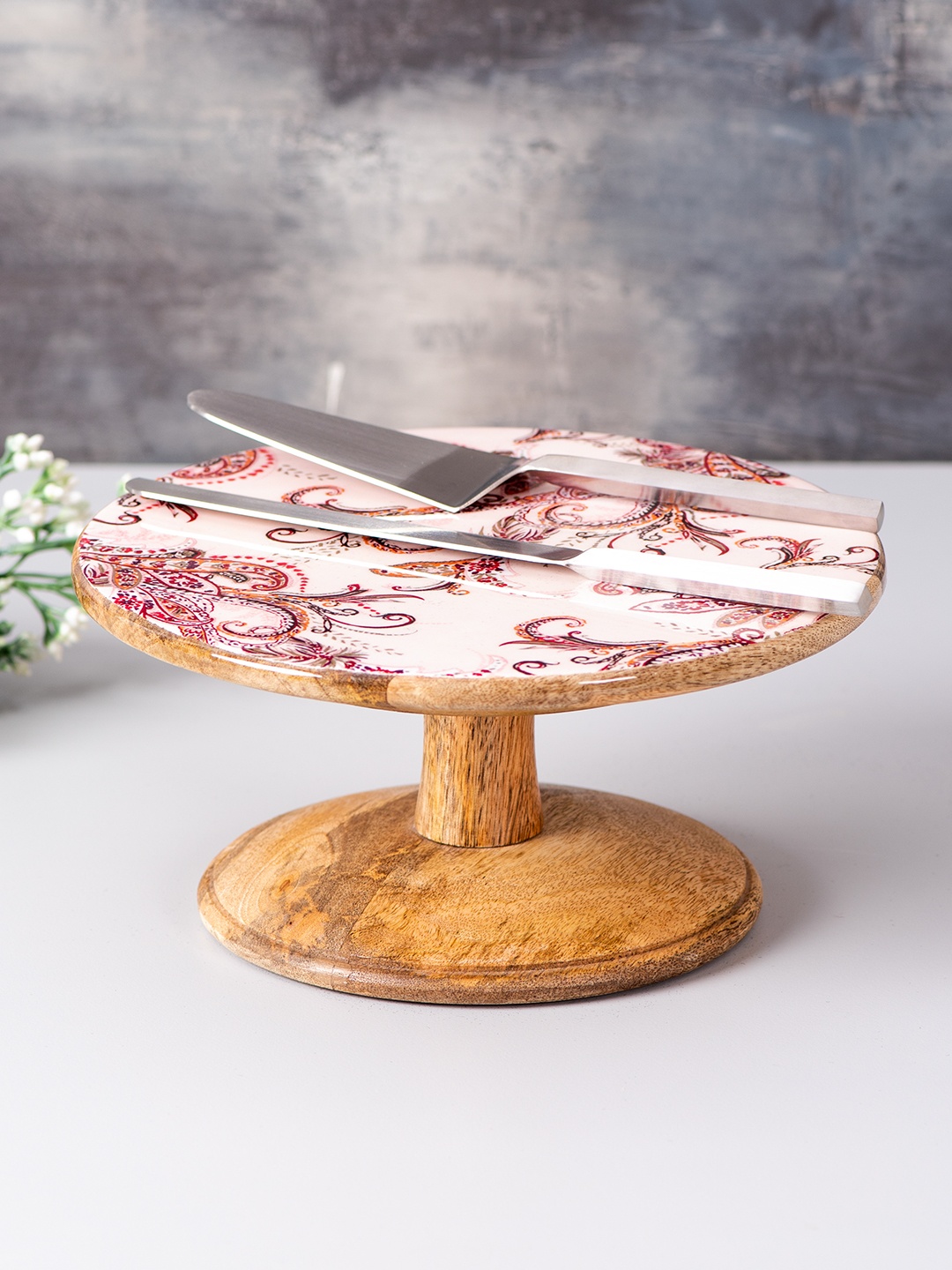 

nestroots Set of 3 Brown & Pink Printed Cake Stand with Knife & Server