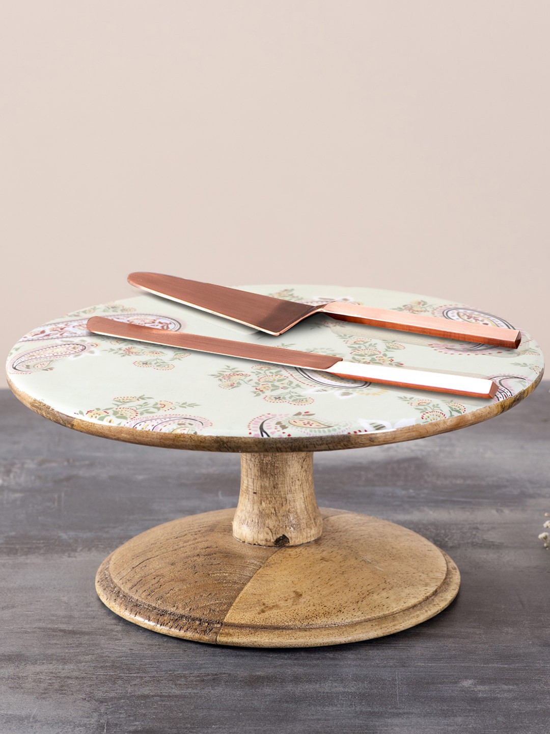 

nestroots Brown & Green Printed Wooden Cake Stand With Knife & Cake Server