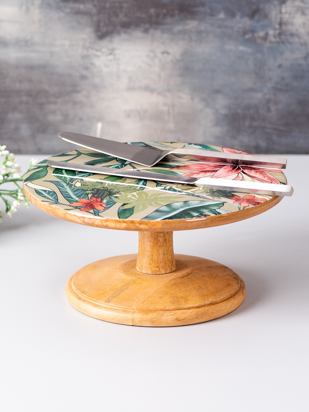

nestroots Brown & Green Mango Wooden Enamle Printed Cake Stand and Server Set