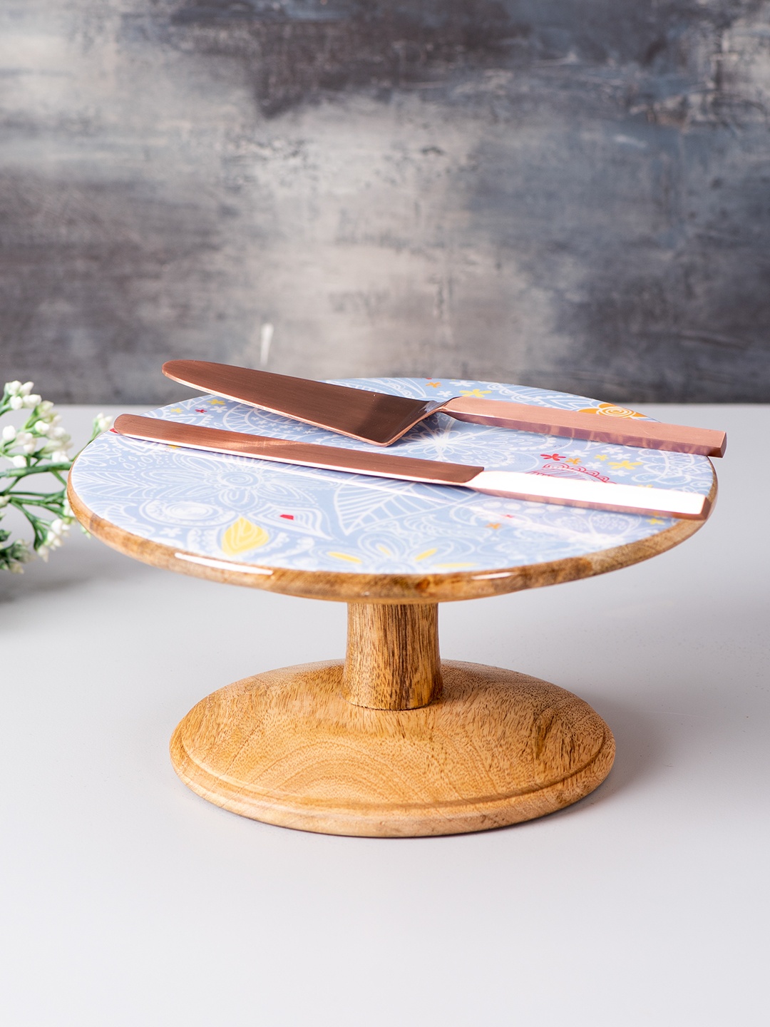 

nestroots Brown Printed Cake Stand with Knife & Server