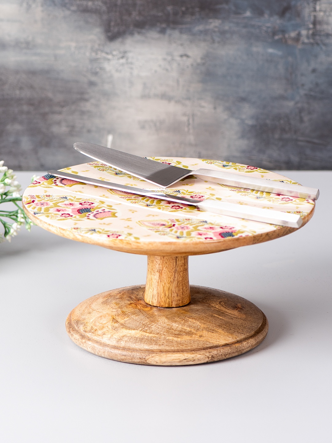 

nestroots Mango White & Pink Wooden Enamelled Printed Cake Stand and Server Set
