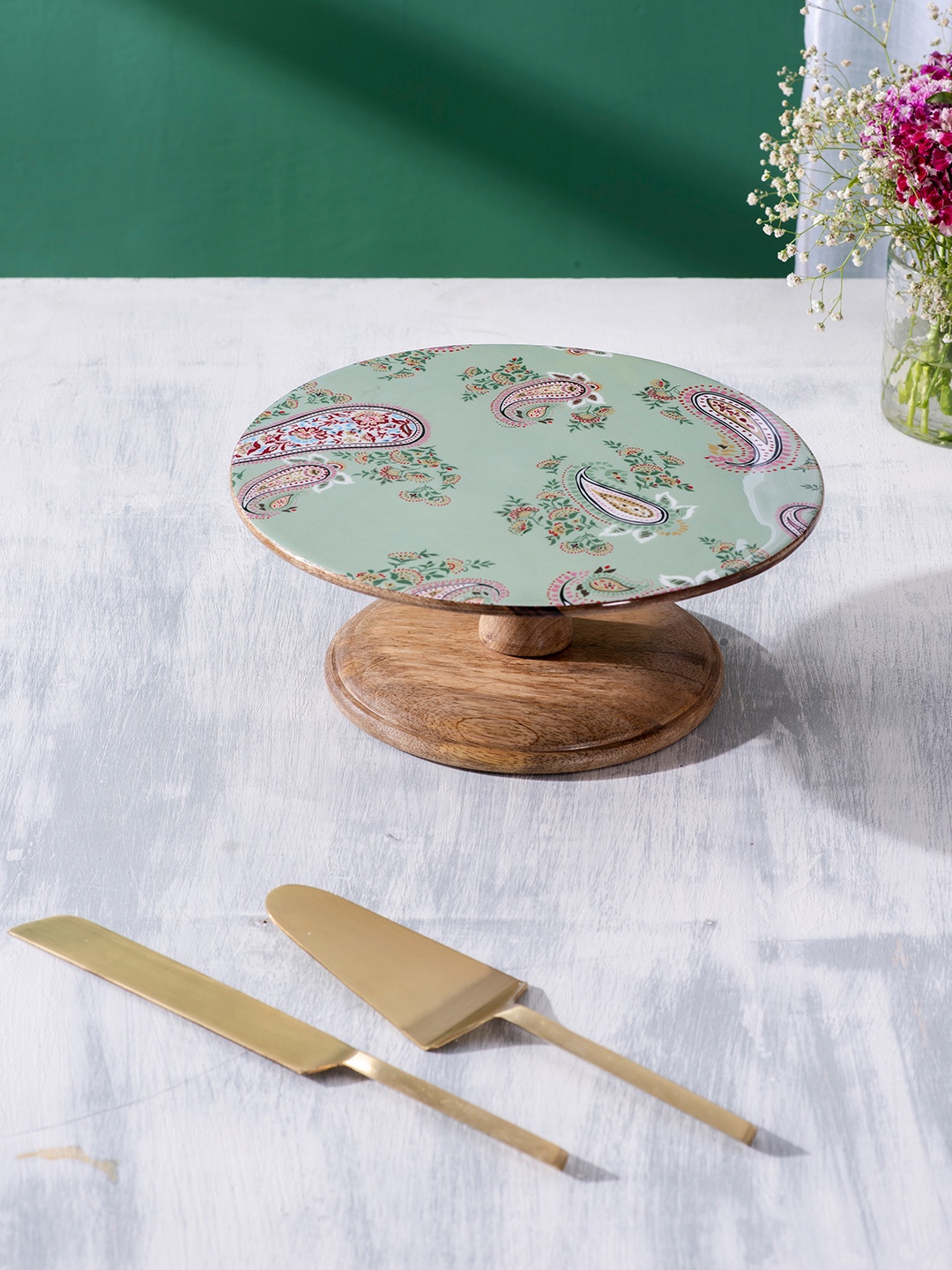 

nestroots Brown & Green Wooden Printed Cake Stand and Server Set