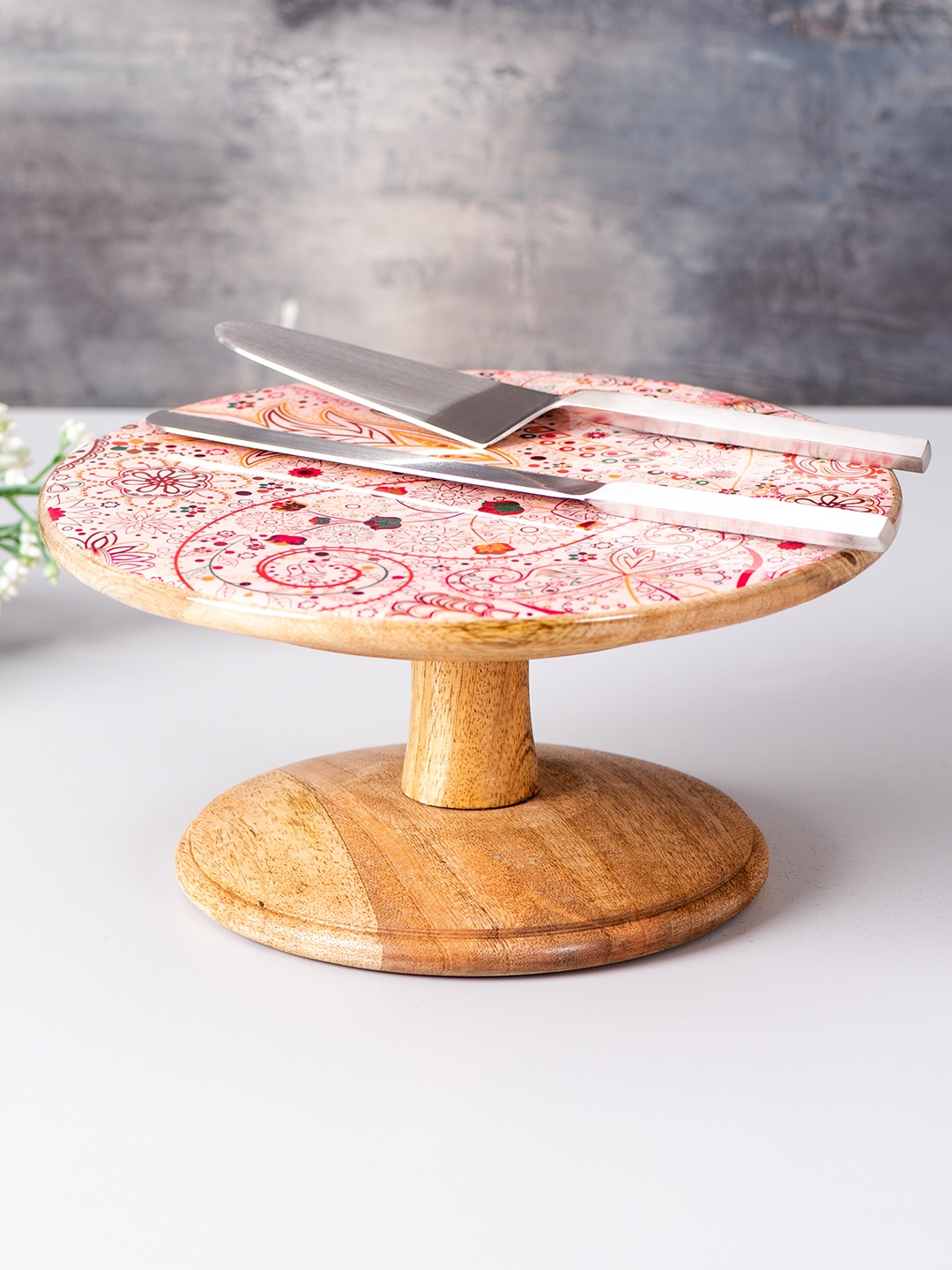 

nestroots Brown & Pink Wooden Printed Cake Stand With Server Set