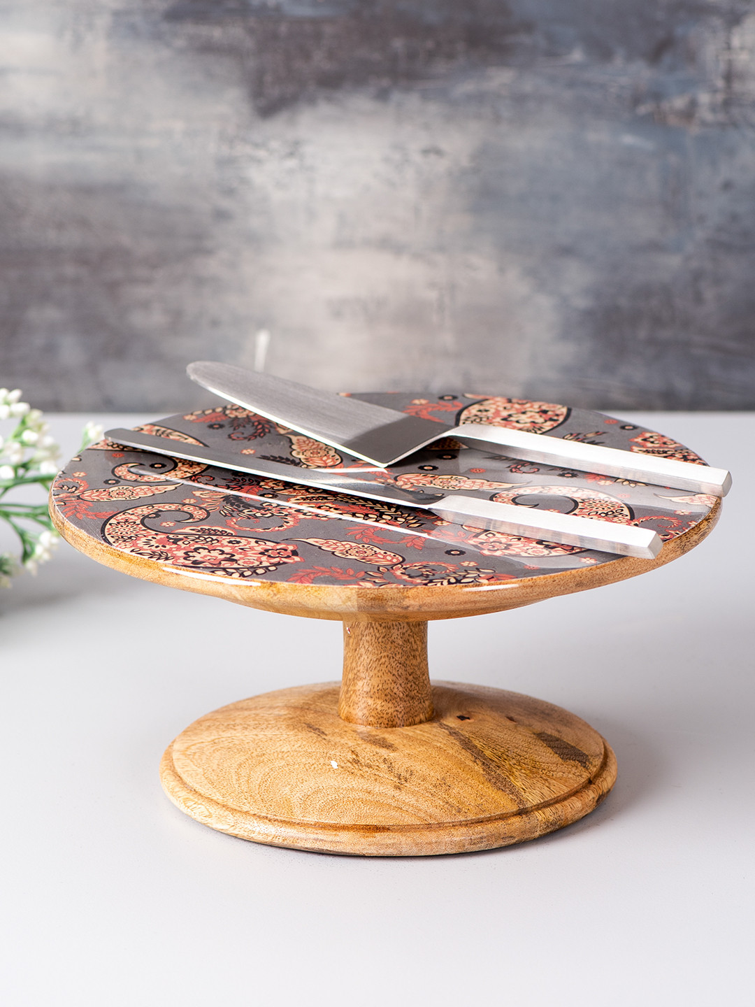 

nestroots Brown Wooden Enamle Printed Cake Stand & Server Set